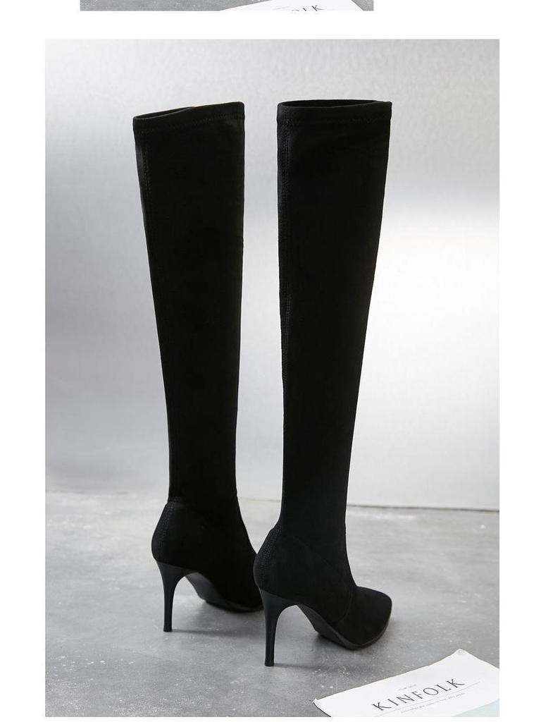 Women's Black Stiletto Over-the-Knee Boots with Velvet, 2025 Autumn/Winter Korean Style