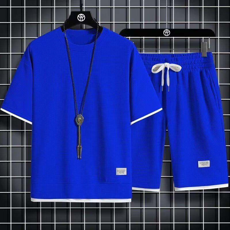 Men's Korean-Style Waffle Summer Casual Shorts and T-Shirt Set
