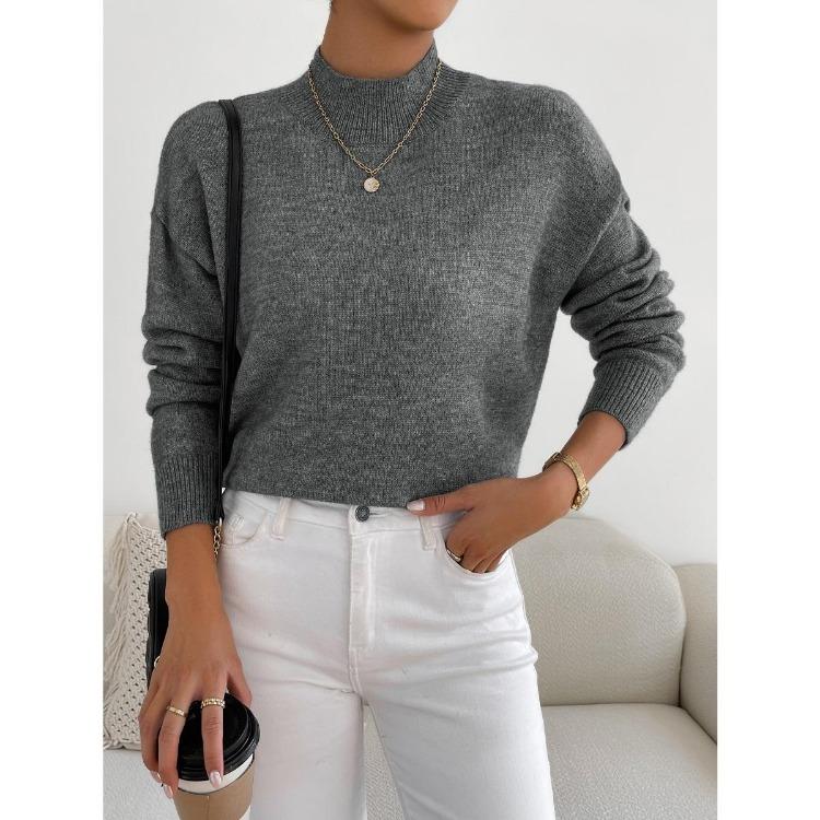 Solid Color Loose Knit Top Semi High Neck Pullover Long Sleeved Sweater Women Autumn and Winter