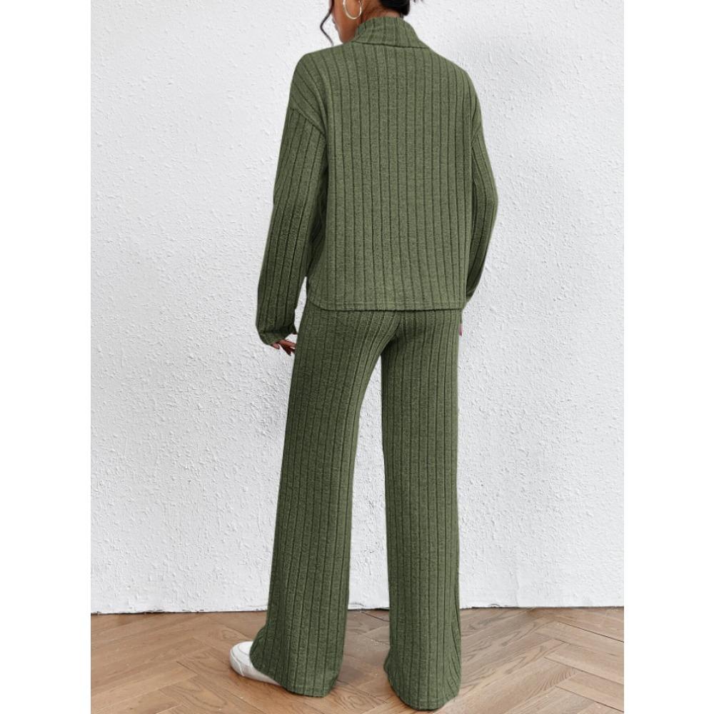 Completo casual da donna in 2 pezzi, felpa a collo alto in maglia a maniche lunghe e set di pantaloni larghi per autunno inverno