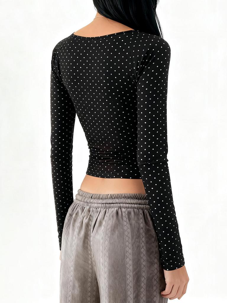 European & American Sweet Polka Dot Puff Sleeve Cropped Top with Button-Up & Round Neck - Slim Fit, Long Sleeve