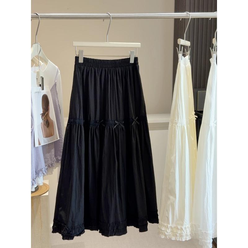 Bow Fungus Edge White Cake Skirt Women's Spring New A-character Loose and Thin Medium and Long Swing Skirt