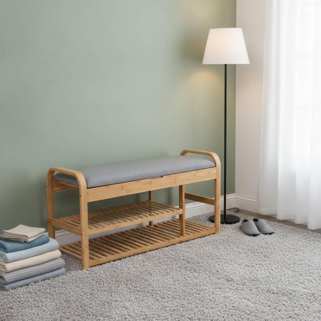 Shoe Bench with Padded Bamboo Storage Sturdy for Mudroom