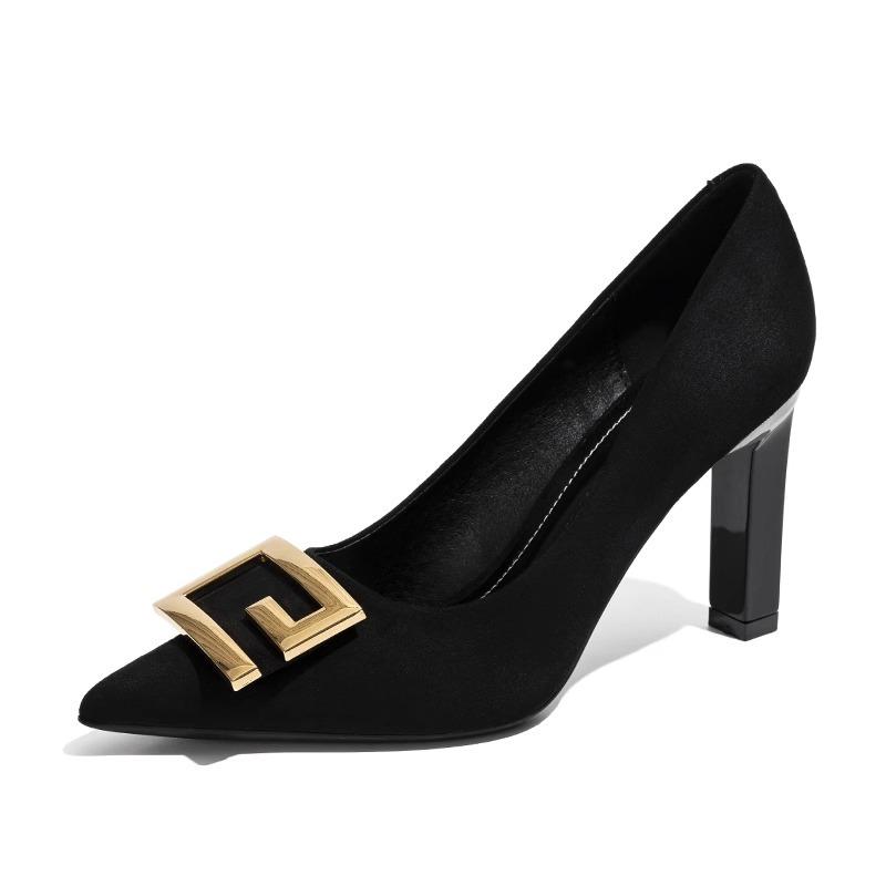 

Fashion Spring New Coarse Heel Single Shoes Women s Fashion Pointed Shallow Mouth Suede Metal Buckle Anti-slip Wear-resistant High Heels 39 чёрный