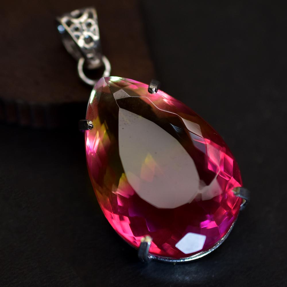 Lab Created Pendant Bi-Color Sapphire 925 Sterling Silver Pear 100 Ct CERTIFIED my-488-ns