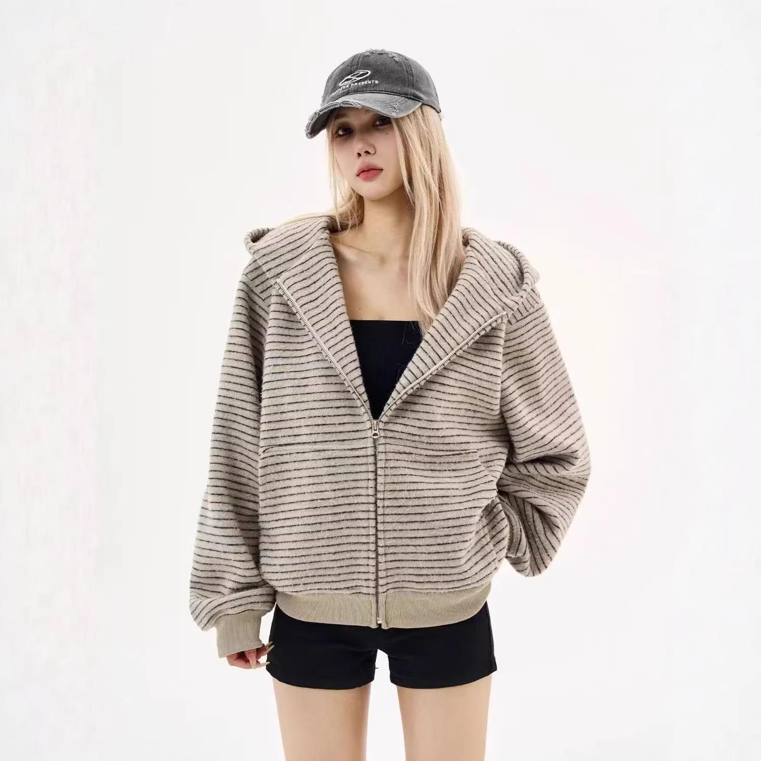 

Unisex Retro Striped Hooded Jacket M (recommended weight 80-100 jin) абрикосовий