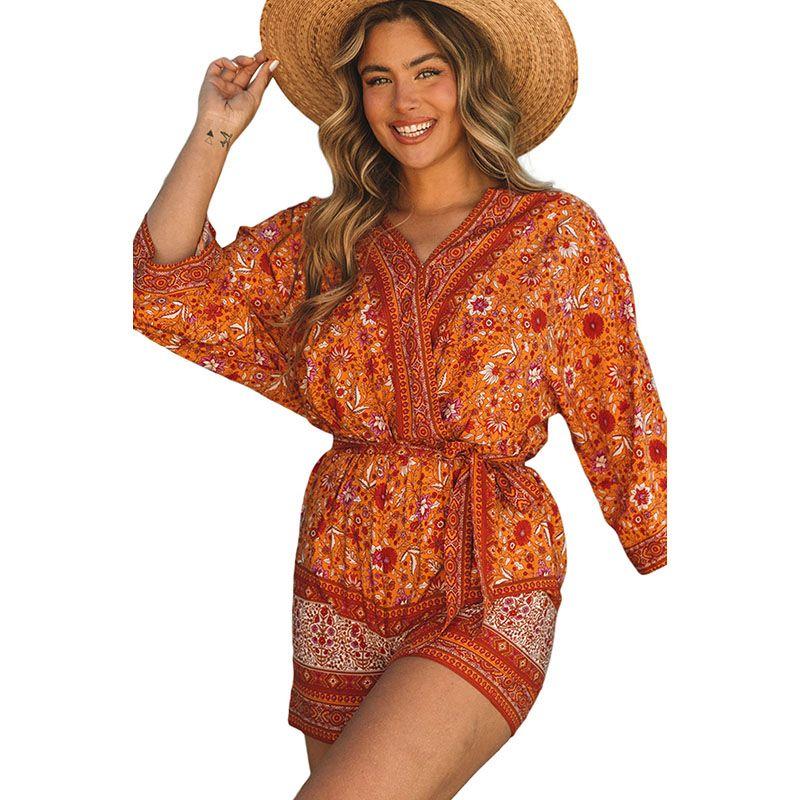 

American Shiying Retro Lace-up Jumpsuit for Women 2025 Summer New Arrival Florals Print Long Sleeves Jumpsuit for Women Orange color Size XL fit (70.00 kg-75.00 kg