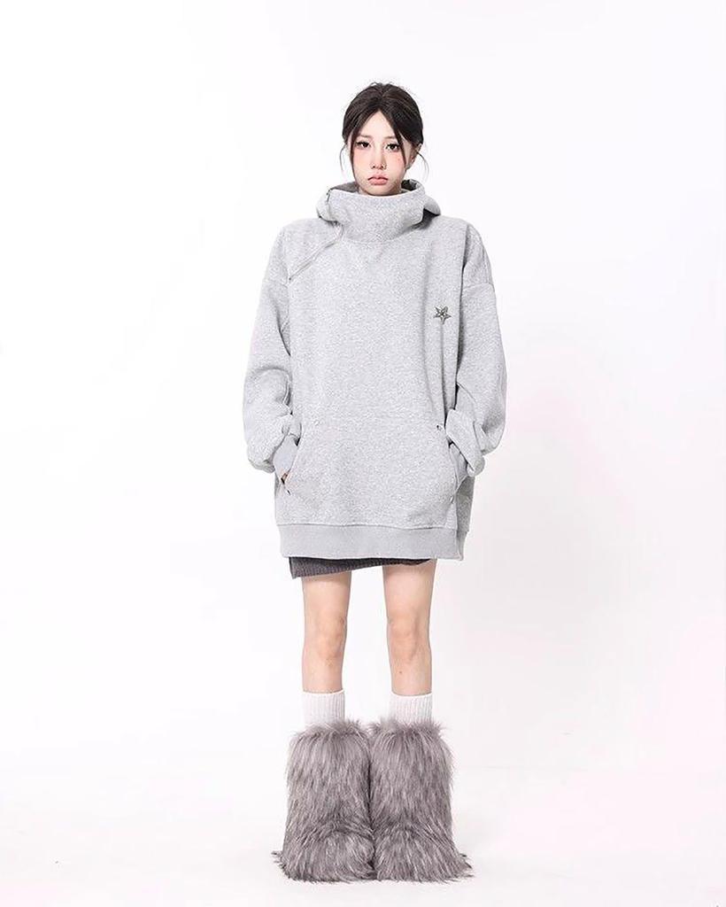 TOWYYO Turtleneck Hoodie with Star Zipper Solid Long Loose Plus Sizes Voluminous Ninja Winter Women's Harajuku-Style Decoration, Closure, Color,