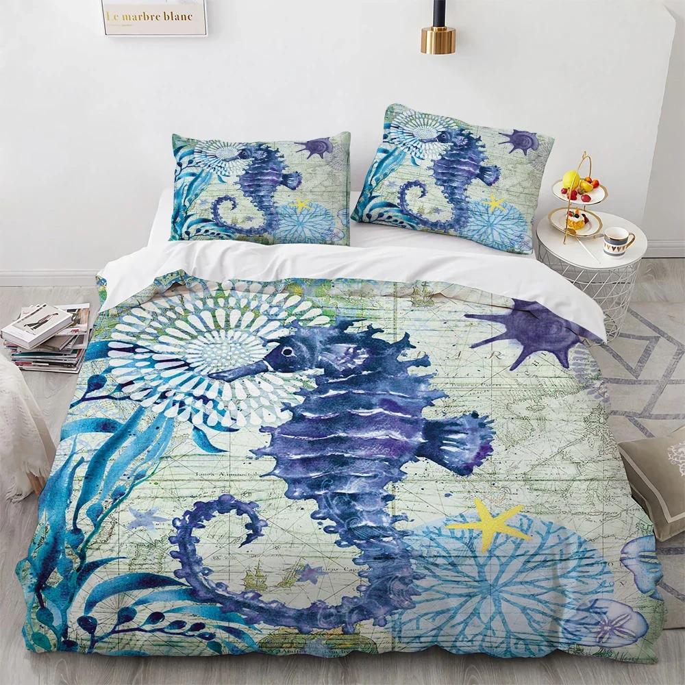 Ocean Animal Duvet Cover Set Coral Marine Life Home Textile Sea Urchin Soft Quilt Cover Cute Seahorse King Size Bedding