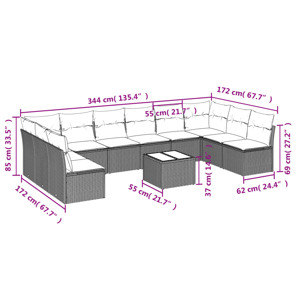 Vidaxl 11-Cz. Garden Furniture Set With Cushions, Beige, Poly Rattan