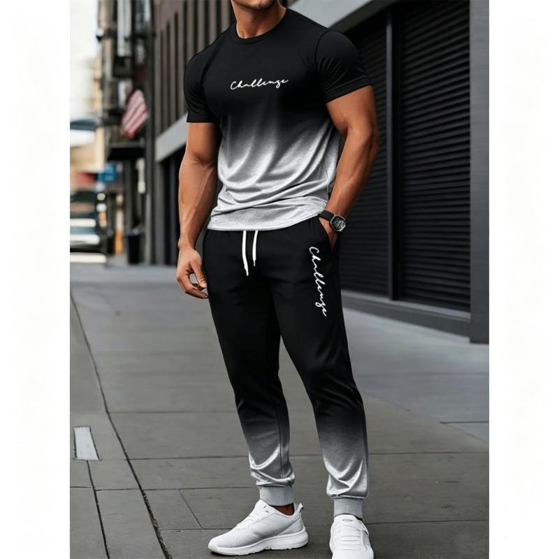 Men's Polyester Sportswear Regular Fit 2pcs Set | Patterned Short Sleeve T-Shirt and Long Pants