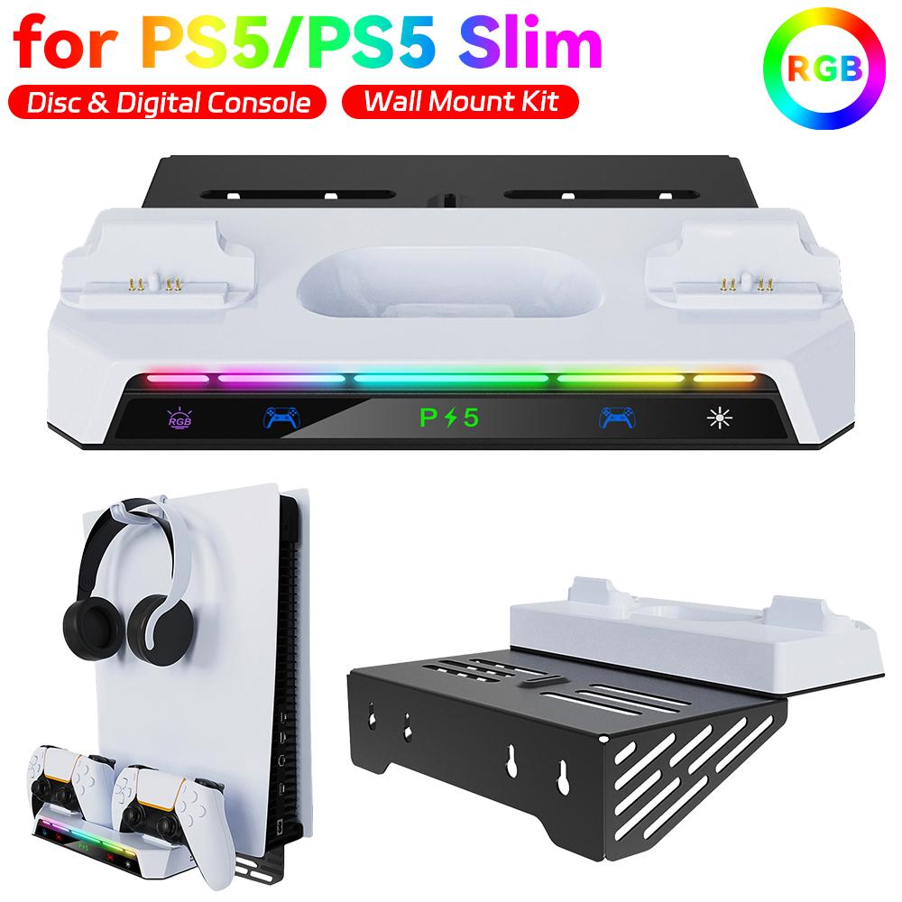 Gamepad Charging Base For PS5/PS5 Slim/PS5 Pro Consoles Disc & Digital Wall Mount Kit with Dual Controller Charging Station