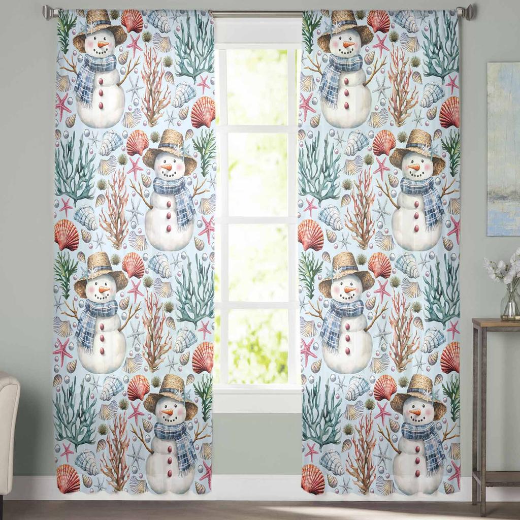 Jul Vinter Hav Snögubbe Korallgardiner För Vardagsrum Sovrum Hemdekoration Fönster Voile Tygtyll Gardin Draperier
