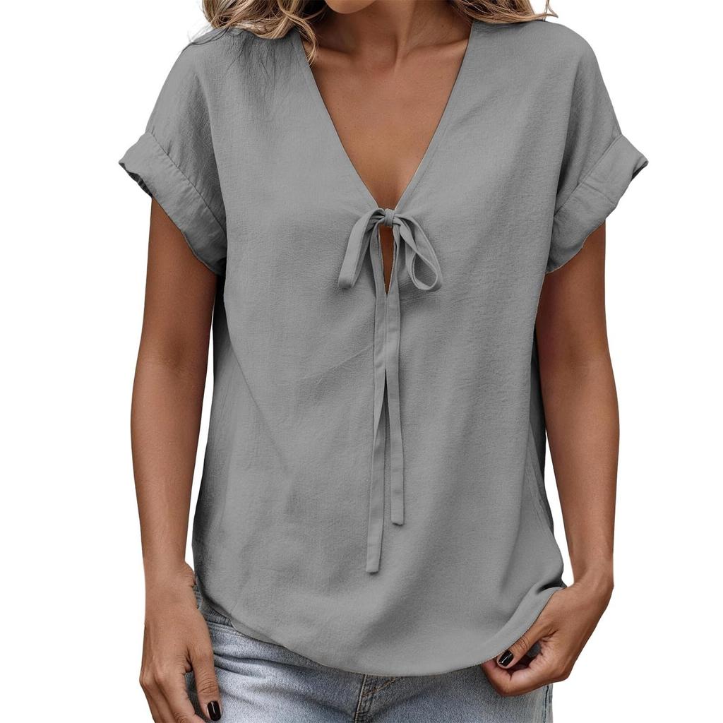 Women's Fashion Casual -Colour V-Neck Tie-Front Short-Sleeved T-Shirt Top