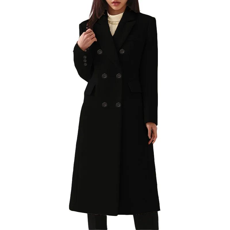 Autumn Winter Warm Large Coat Women Vintage Cardigan Double Breasted Woolen Coat Women Long Sleeve Turn-down Collar Woolen Coat