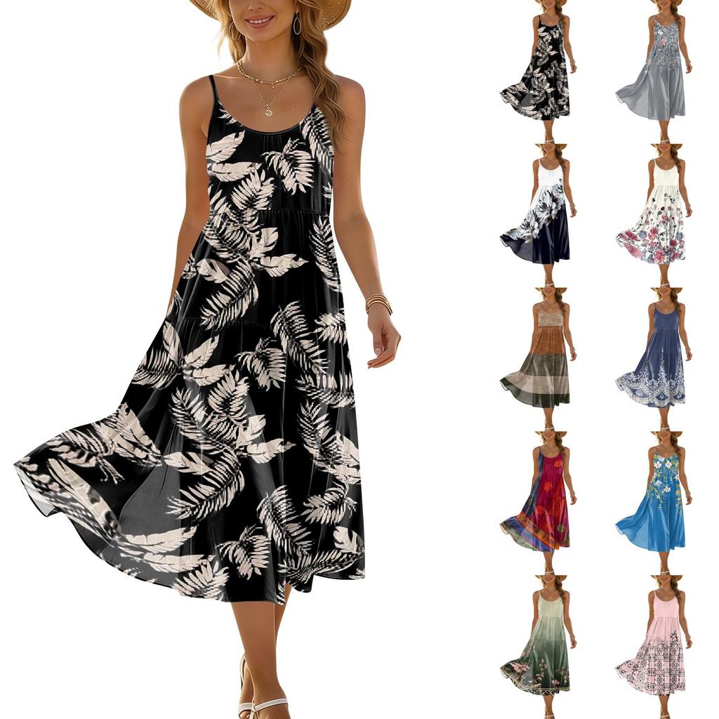 Women’s Summer Floral Print Bohemian Casual Beach Holiday Sundress with Adjustable Spaghetti Straps and Pockets