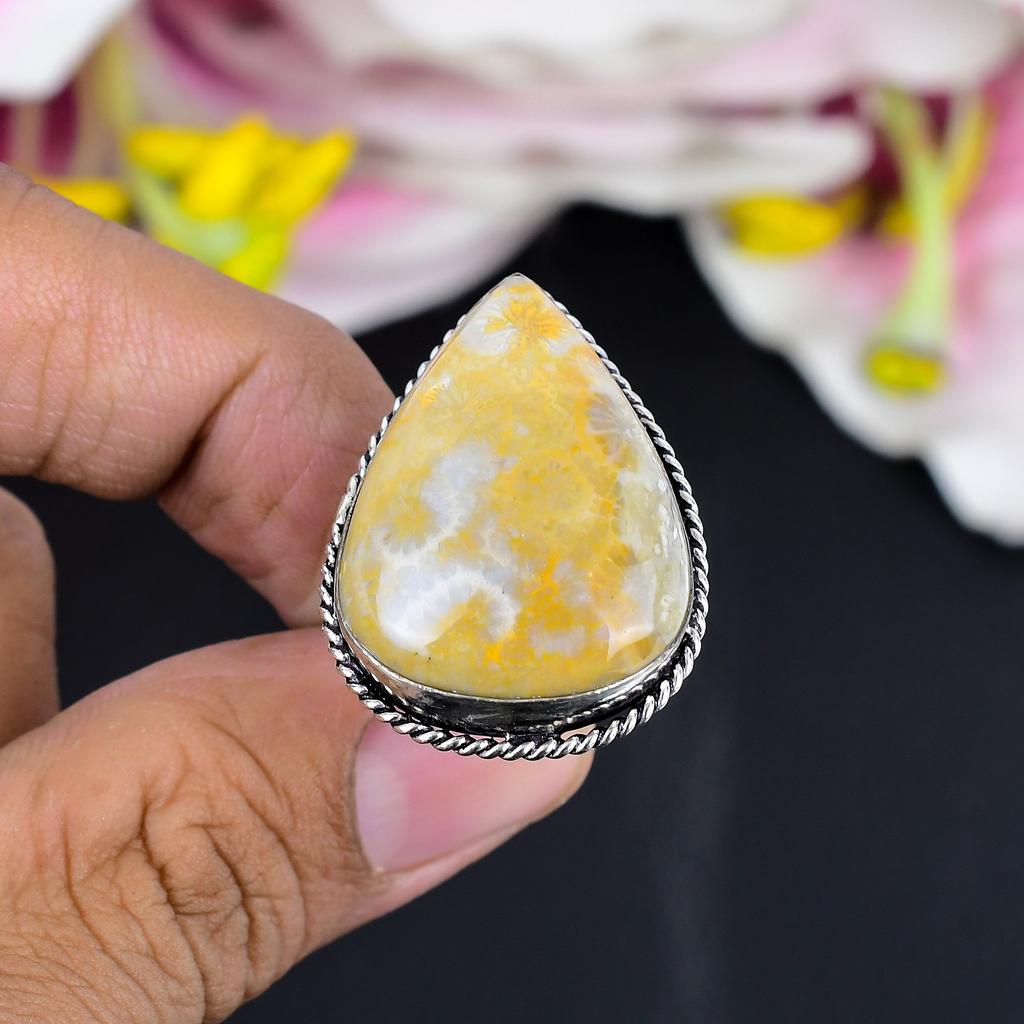 Fossil Coral Gemstone Handmade 925 Sterling Silver Jewelry Ring Size 7 KG-1713
