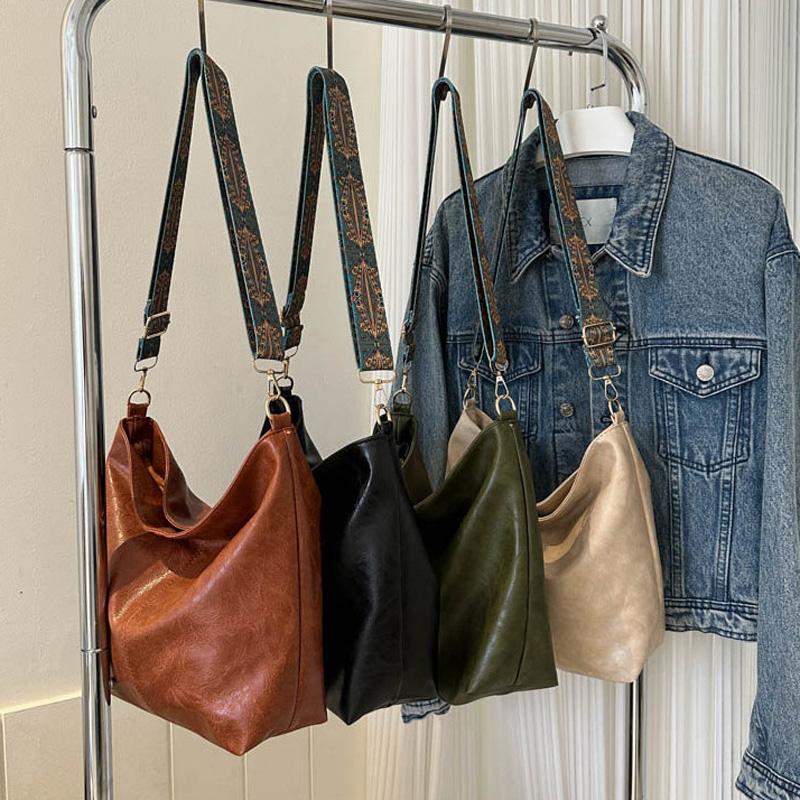 Wide Geometric Strap Shoulder Bag Large Capacity Crossbody Bags For Women Retro Pu Leather Women's Bag For Shopping Travel