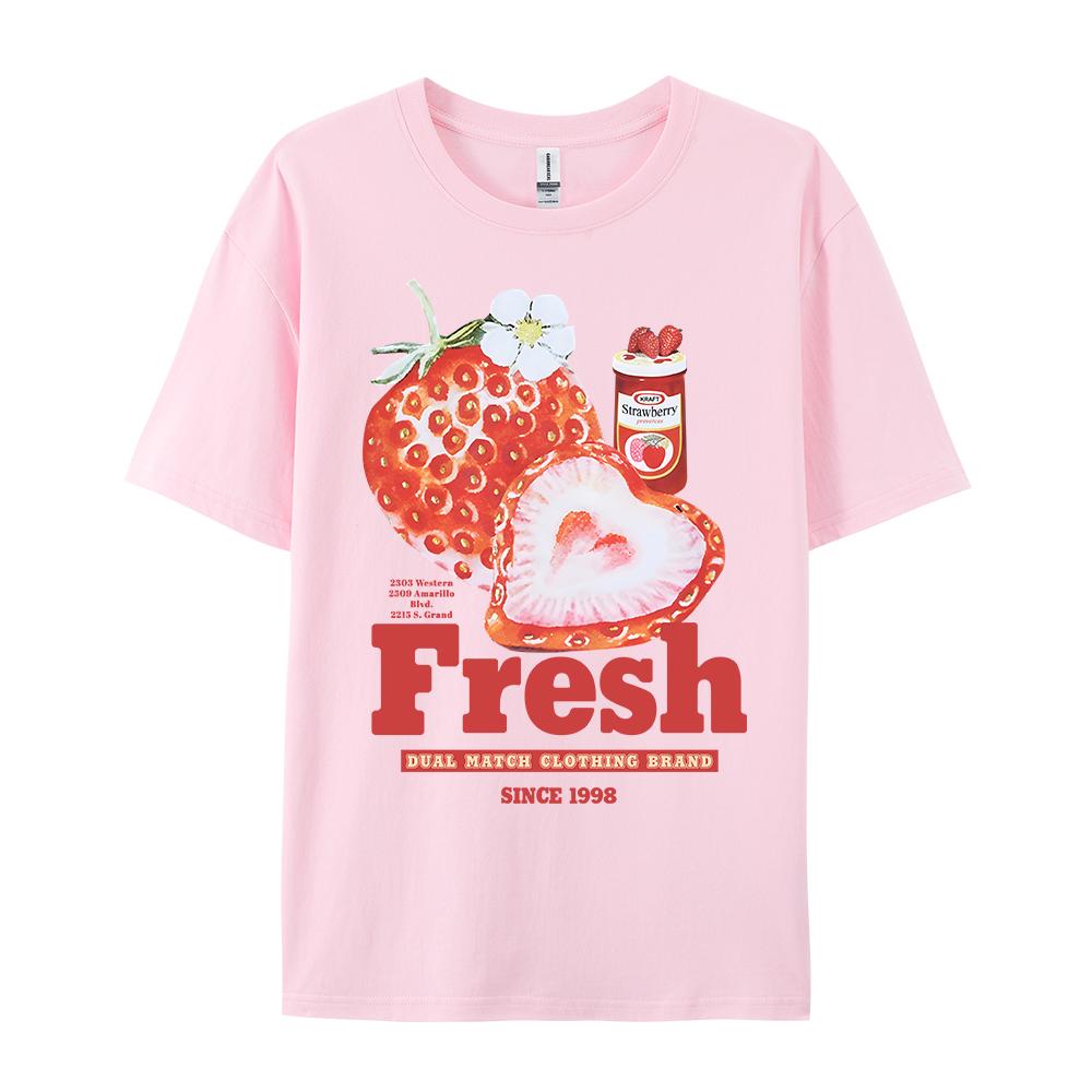 Fresh Strawberry American Retro Creative Printed Short Sleeved T-shirt Women's Trendy Brand Loose Versatile Half Sleeved Shirt