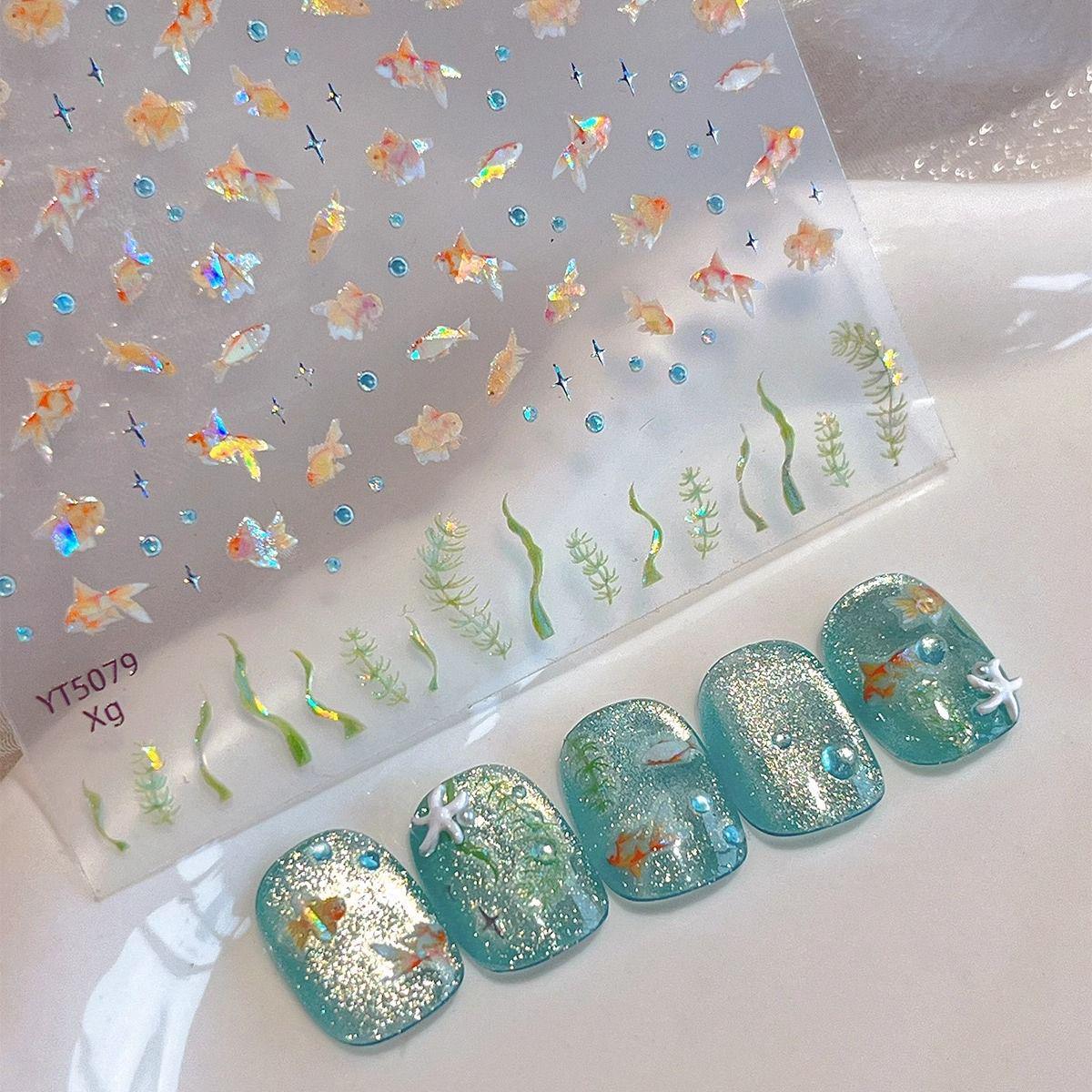 Summer Seashell & Goldfish Laser Waterproof Nail Stickers Little Fish & Begonia - 1 Sheet