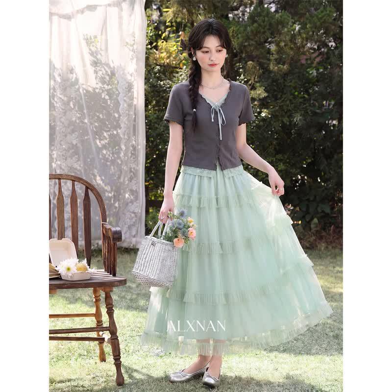 Women's French Retro Green Lace A-Line Midi Skirt