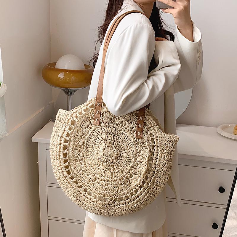 Round Ethnic Style Woven Shoulder Bag - Hollow Paper Rope Tote for Summer Beach and Commute