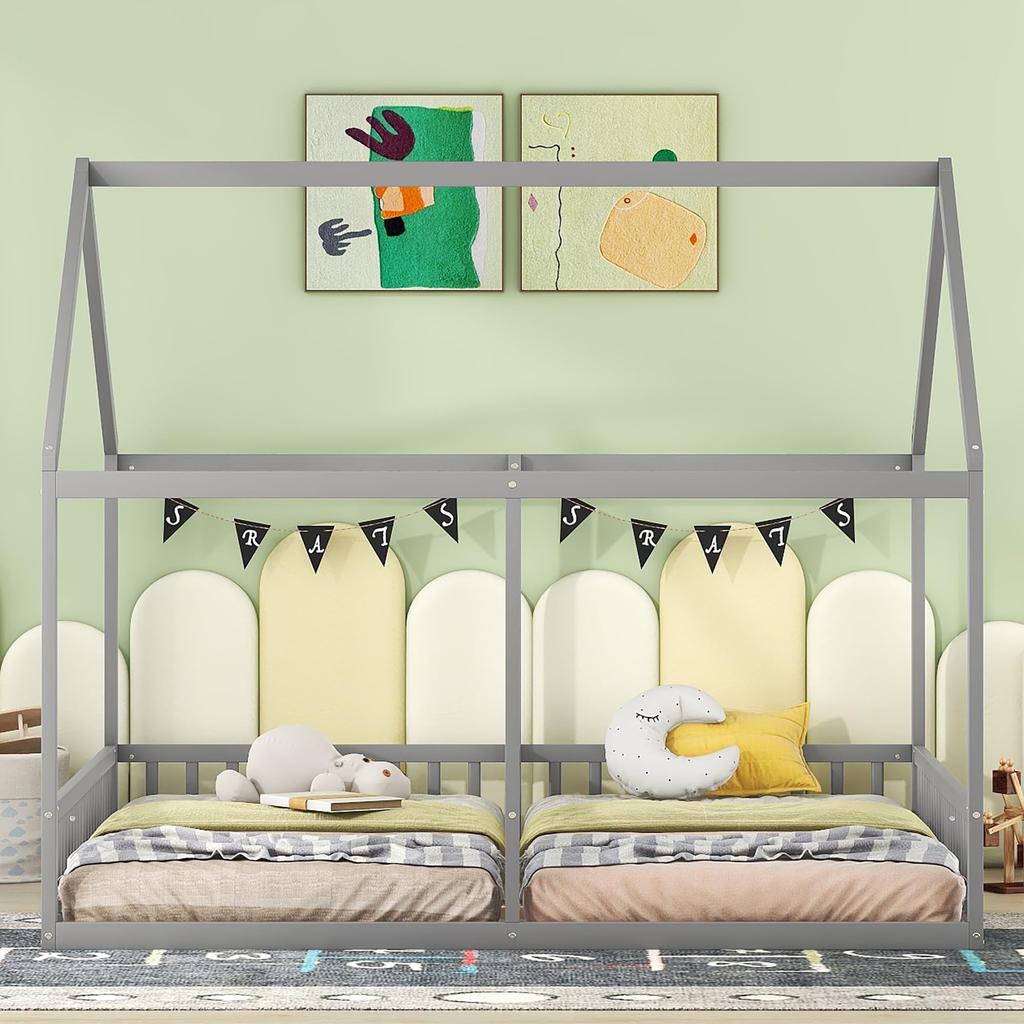 Hausbett 90x200cm, 2-in-1 Kinderbett mit Rausfallschutz und Lattenrost, Funktionsbett Doppelbett für zwei Kinder, Ohne Matratze