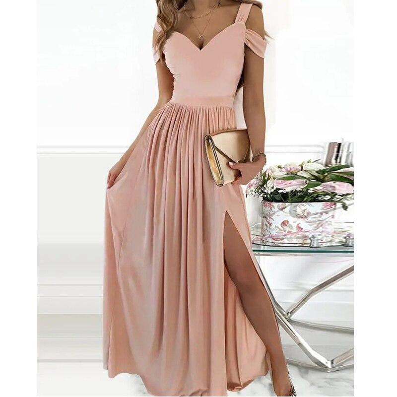 Summer  V-neck Printed Long Dress Temperament Sleeveless Split Sexy Dress Casual Folds Elastic Waist Off Shoulder Dress 26190