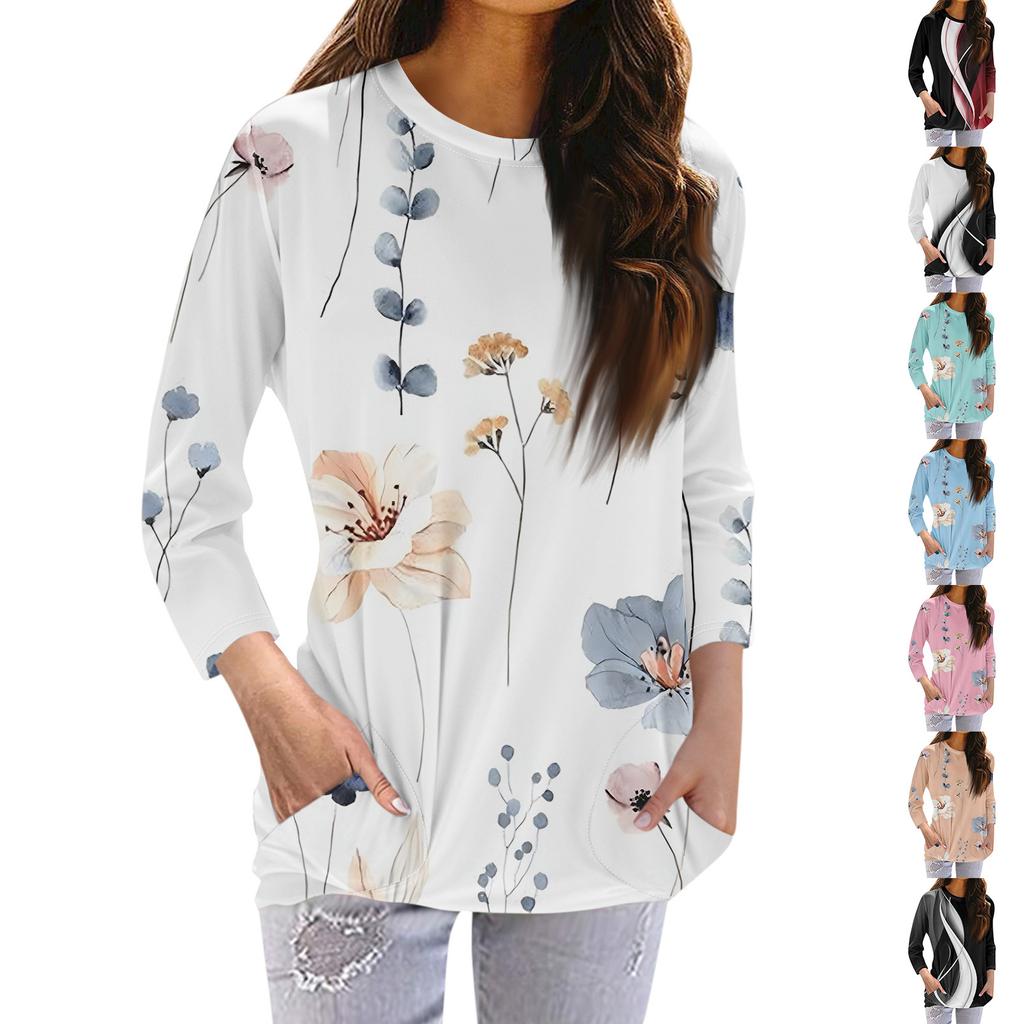 Women's Fashion Casual Round Neck Print 3/4 Sleeve Pocket T-Shirt Top