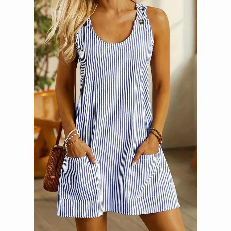 Summer Women Sundress Round Neck Striped Print Sleeveless Pockets Loose Button Decoration Casual Daily Wear Mini Dress Short Dress
