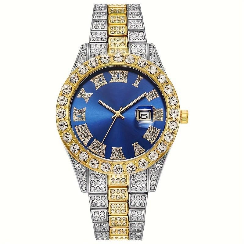 

European and American Men s Watches, Steel Belt Diamond-encrusted Calendar Quartz Watches, High-end Roman Scale Business Leisure Watches