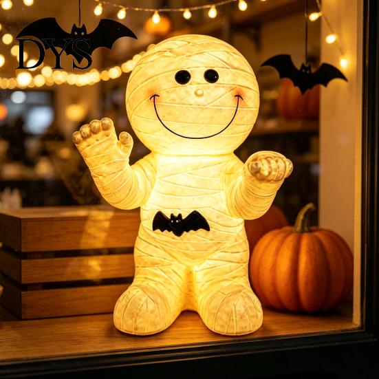 Unique Home Accents Resin Mummy Atmosphere Light, Halloween Smiling Statue with Cute Decor Bat Decor, Cartoon Figurine Light for Desktop Ornament Hand