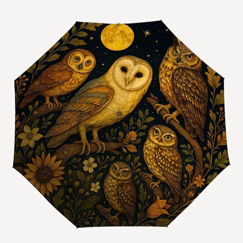Nächtliches Eulen-Treffen: Ein mystischer kreisförmiger KunstdruckRegenschirm mit süßem Design, tragbarer 3-fach kompakter Regenschirm für Männer & Frauen, Valentins D