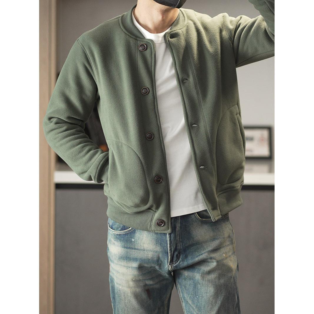 Men s Retro AmeKaji Fleece-Lined Baseball Collar Jacket 2026 – Thick & Warm for Autumn/Winter 3XL зелёный