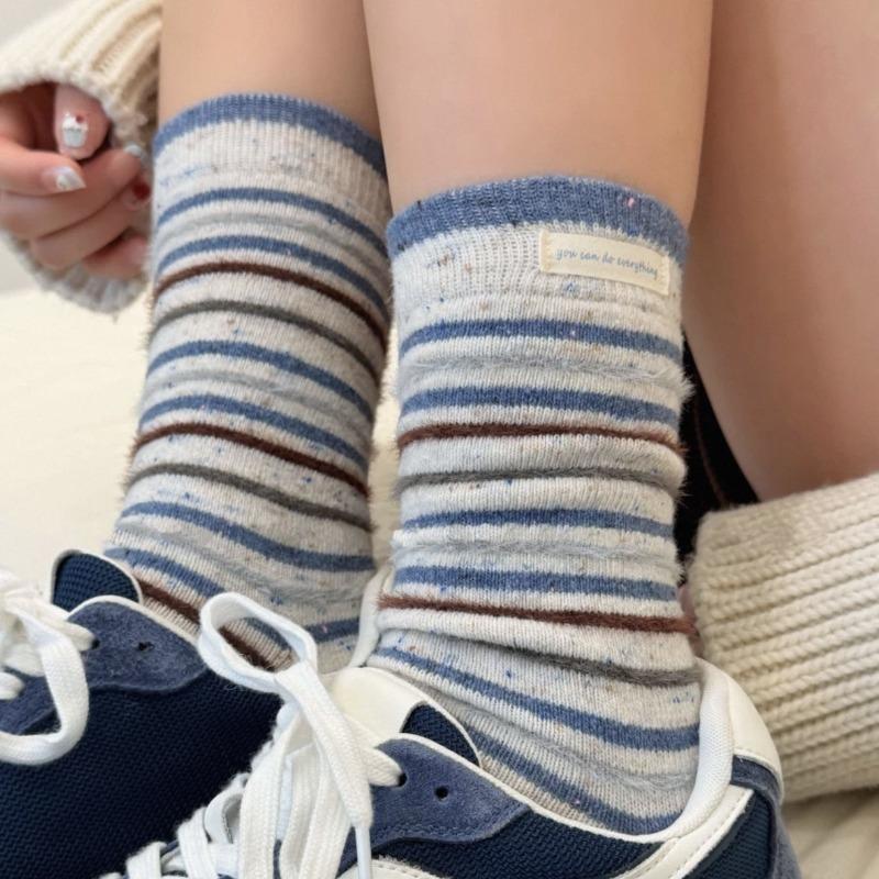 Women's Winter Thick Warm Stripe Matching Color Contrast Wool Mid Tube Socks