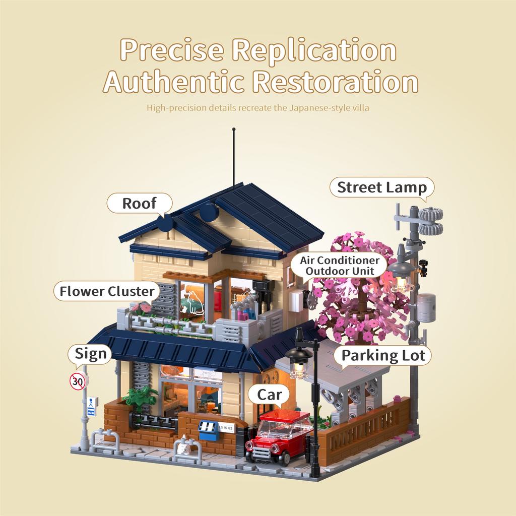 1935Pcs Cherry Blossom Villa Street Scene With Lights Building Blocks Set, House Assembly Toy, Desktop Ornament, Birthday Gift