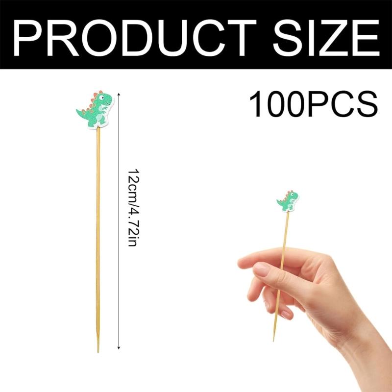 100pcs Cute Dinosaur Wooden Skewers 12cm Party Food Sticks Decorative Drink Picks for Themed Celebration