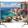Mediterranean Coastal Scene Tapestry, Greek Island Oil Painting Print