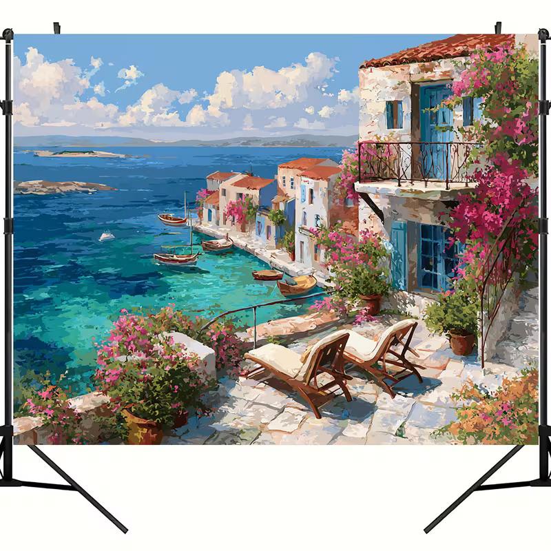 Mediterranean Coastal Scene Tapestry, Greek Island Oil Painting Print