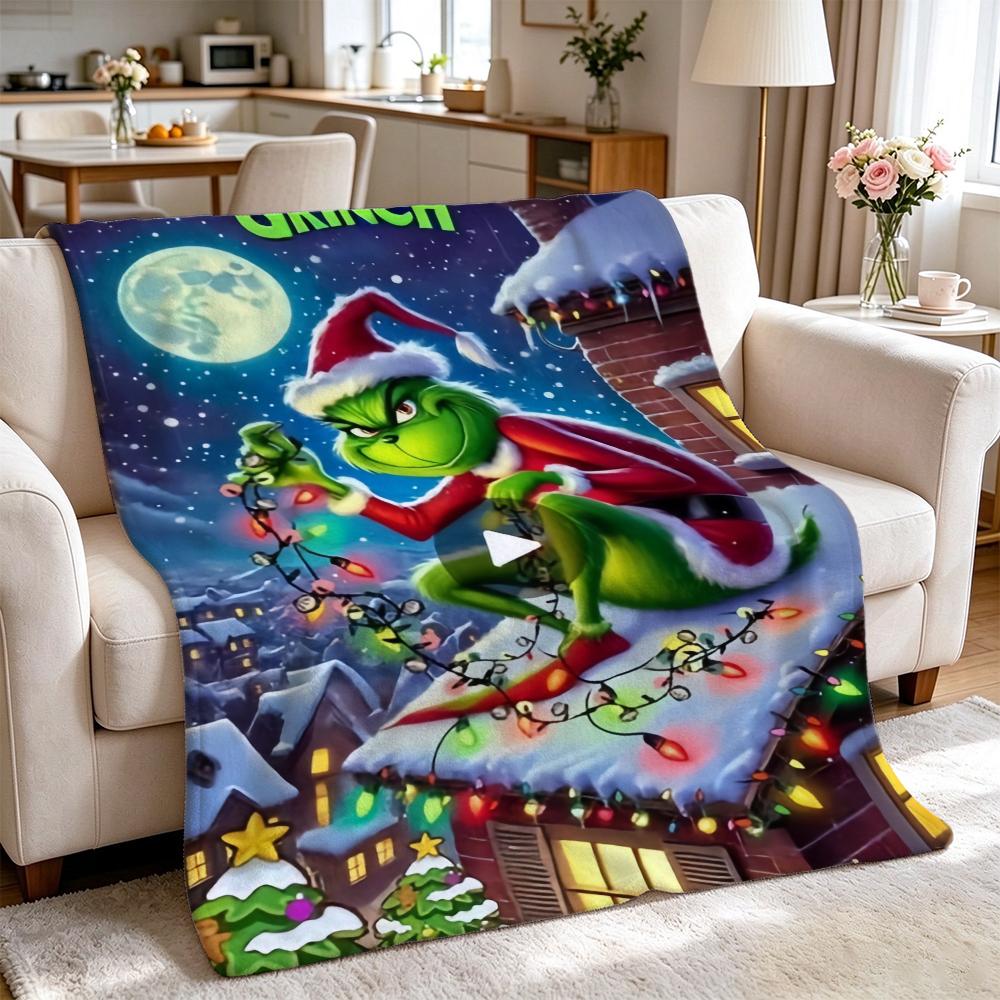 Ho Ho Ho Merry Grinch Christmas Theme Cartoon Flannel Blanket Soft Warm Throw Blanket For Office Sofa Lightweight Home Decor Memorial Gift