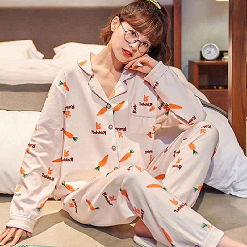 Spring And Autumn Pajamas Women'S Cardigan Long-Sleeved Trousers Korean Girls' Simple Cartoon Loungewear Suit Can Be Worn Outside