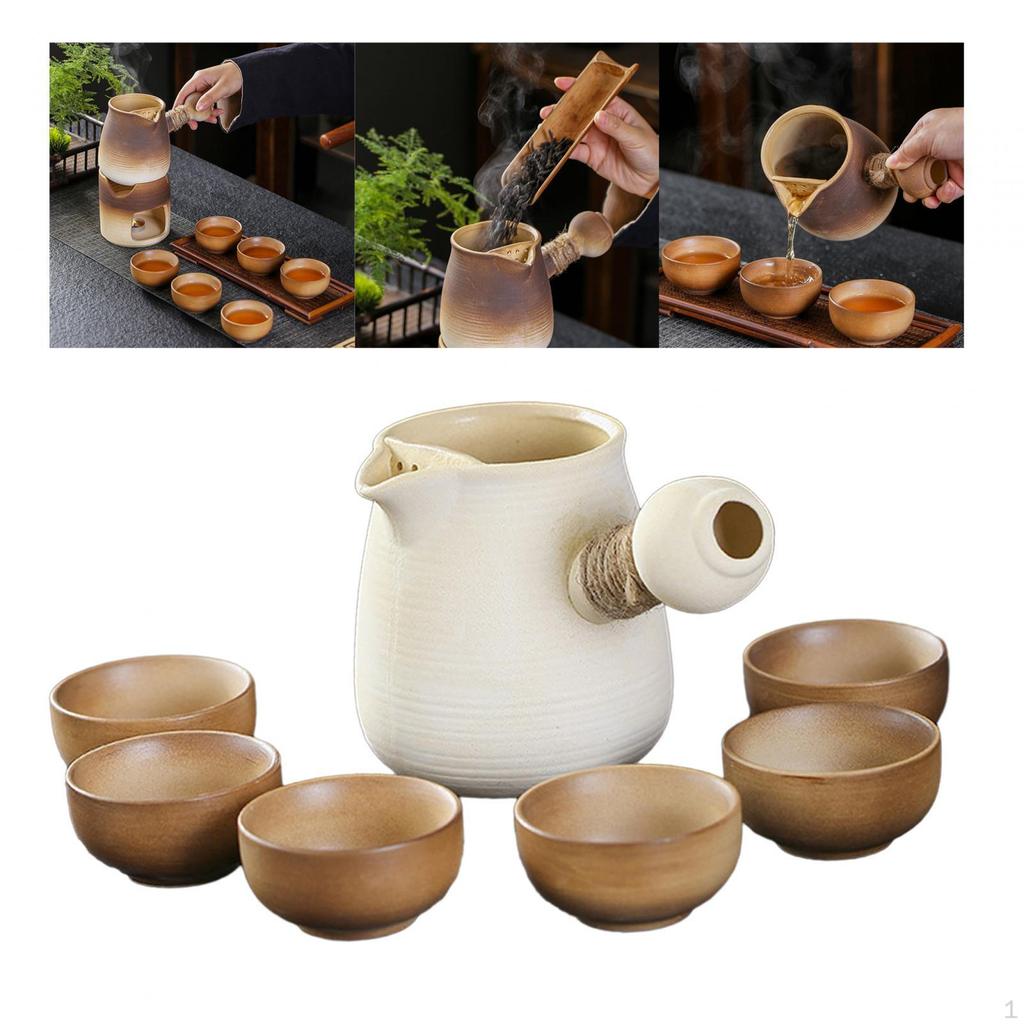 Ceramic Teapot and 6 Cups Tea Maker Chinese Traditional with Rope Wrapped Handle Infuser