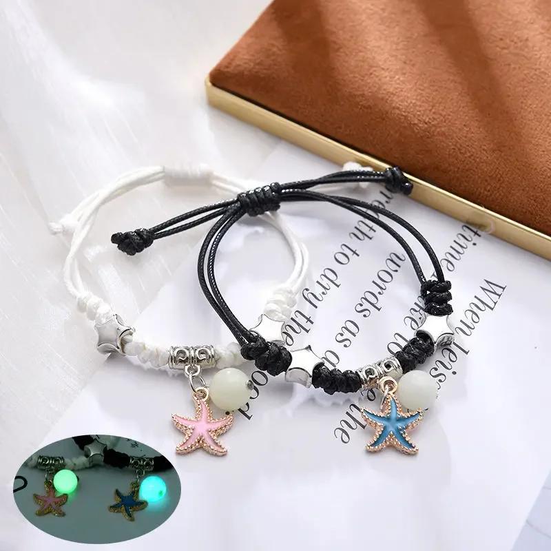 2PC Luminous Beads Star Couple Bracelet for Women Men Charm Cat Flower Heart Key Lock Cross Matching Friend Bracelets Jewelry