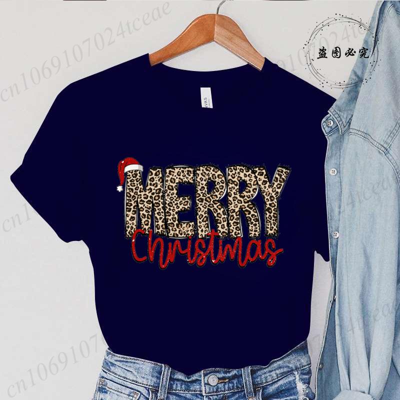 Leopard Merry Christmas Print TShirts Crew Neck Tshirt Casual Short Sleeve Top for Christmas Unisexs Clothing Tshirt Top