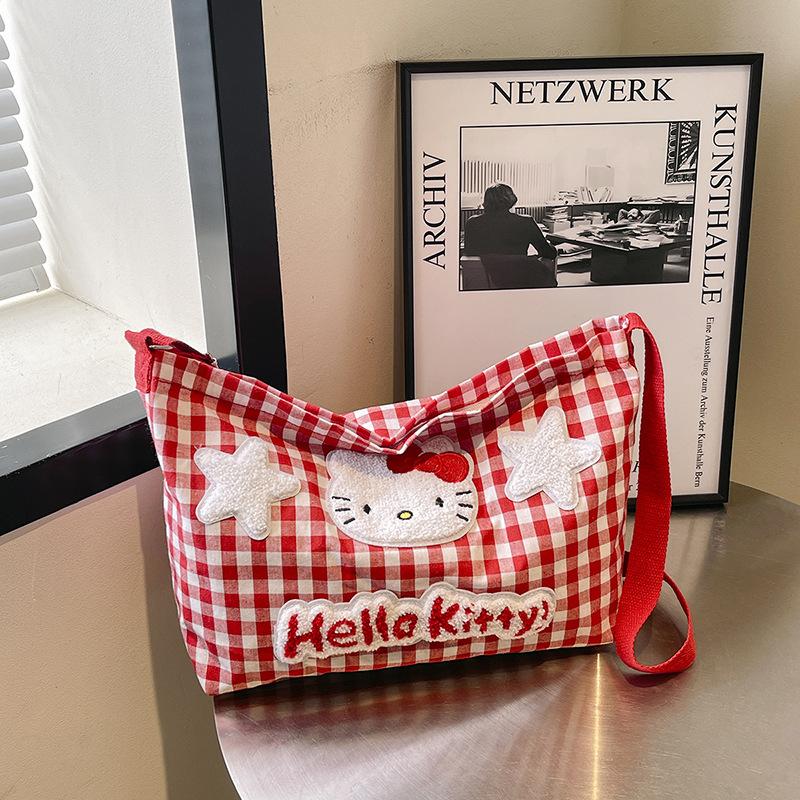 

Клетчатая мультяшная милая повседневная сумка-тоут большой вместимости, студенческая, для учебы, для поездок, универсальная на плечо, сумка-мессенджер, женская красный