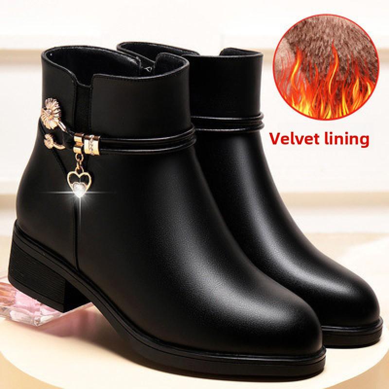 Women's Ankle Boots Soft Leather Mother Shoes Winter Plush Warm Cotton Boots Waterproof Leather Women's Snow Boots Botas Mujeres
