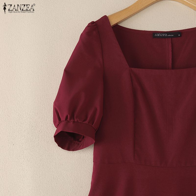ZANZEA Women Casual Square Collar Elegant Short Sleeve Long Dress