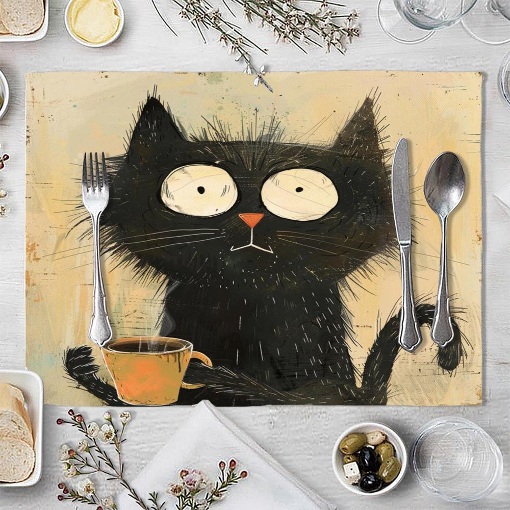 Black Cat Pattern Placemat Linen Fabric Table Mats Family Dinner Tableware Kitchen Table Mat 30X40cm