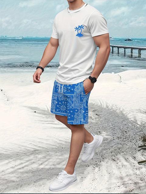 

Summer Casual Everyday Men s Short-sleeved Top Outdoor Fashion Beach Shorts Color-block Printed Men s T-shirt And Shorts Set 2XL