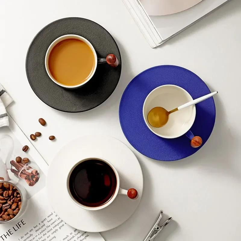 Creative Handmade Vintage Coffee Cup with Saucer Set Exquisite Wooden Handle Ceramic Mugs Light Luxury Breakfast Milk Tea Cups